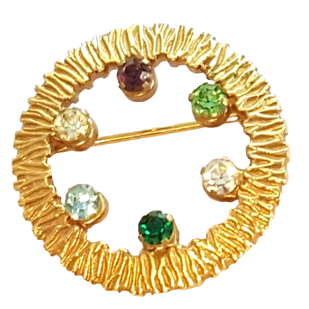 Vintage Anson Circle Brooch Pin, Colorful‎ Rhinestone Unisex Gold-tone go-116
